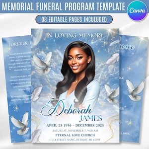 08 Blue Funeral Program Template, Editable 8.5x11 Memorial Program, Celebration of Life Booklet, Obituary Template, Digital Download