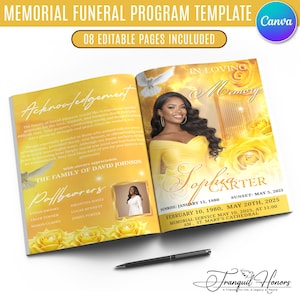 Modèle de programme de funérailles jaune 08 pages, pour toujours dans notre coeur, modèle à deux volets 8,5 x 11 po., programme commémoratif, téléchargement immédiat