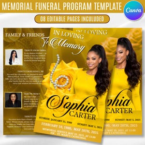 May include: A memorial funeral program template with the text "Memorial Funeral Program Template" and "08 Editable Pages Included." The design features a photo of a woman in a yellow dress, with the name "Sophia Carter" and dates. The background is yellow and gold.