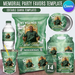 May include: A memorial party favor template set featuring green cloud backgrounds, white doves, and a man in a suit sitting on a gold throne. Text includes "WE WILL MISS YOU," "David Johnson," "FOREVER IN OUR HEARTS," and dates. Includes water bottle labels, chip bags, and favor boxes.