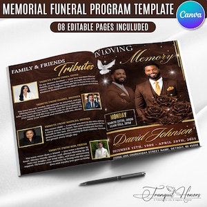 Könnte beinhalten: Eine Gedenk-Trauerprogrammvorlage mit dem Text "Memorial Funeral Program Template" und "08 Editable Pages Included". Das Programm enthält Fotos, Ehrungen und Veranstaltungsdetails. Das Design weist ein braunes und goldenes Farbschema auf.