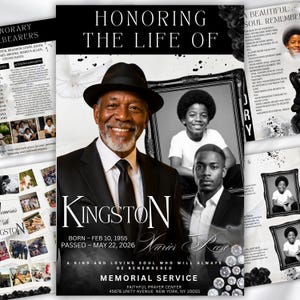 May include: A funeral program template featuring a black and white portrait of a man in a hat, a young boy, and a man in a suit. The text reads HONORING THE LIFE OF KINGSTON, BORN FEB 10, 1955, PASSED MAY 22, 2026, and MEMORIAL SERVICE FAITHFUL PRAYER CENTER.