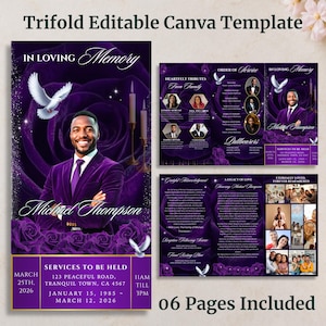 May include: A trifold funeral program template featuring a deep purple rose background, a white dove, and a portrait of a person in a purple suit. The text includes In Loving Memory, Michael Thompson, and service details for March 25th, 2026.