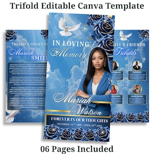 Può includere: Un modello di programma funebre a tre ante con sfondo cielo blu, nuvole bianche, rose blu scuro e colombe bianche. Il design include testi come In Loving Memory, Mariah Watson e Forever In Our Thoughts, con spazio per le fotografie.