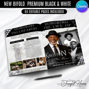 Black & White Funeral Program Template, Minimalist 8 Page Memorial Order of Service Bifold Booklet, Obituary Book, Celebration of Life,