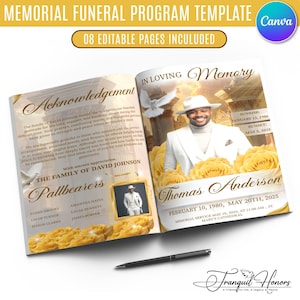 May include: Open memorial funeral program template with the text "Memorial Funeral Program Template" and "08 Editable Pages Included". The program includes a photo of a man and text that reads "In Loving Memory". A pen is in the foreground.