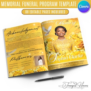 May include: A memorial funeral program template with a yellow and gold color scheme. The program includes text such as "Acknowledgement" and "In Loving Memory." The name "Sophia Clarke" is prominently displayed. The program has 8 editable pages.