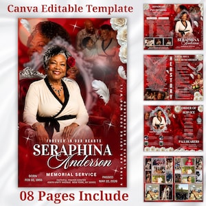 May include: A Canva editable memorial service program template featuring a red background with white roses and feathers. The design includes a portrait of a person in a cream-colored top, the text Seraphina Anderson, dates, and eight pages of layout.