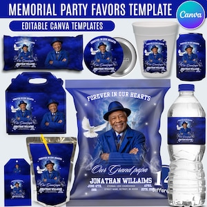May include: A collection of memorial party favor templates featuring a blue theme with a portrait of a man in a hat, a white dove, and the text Forever in Our Hearts. The set includes a chip bag, water bottle label, favor box, and cup wrap.