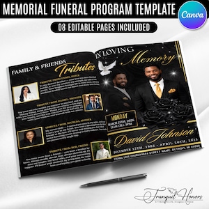 Könnte beinhalten: Eine Gedenk-Trauerprogrammvorlage mit einem schwarz-goldenen Design. Das Programm enthält Fotos, Ehrungen und Veranstaltungsdetails. Der Text enthält "In Loving Memory" und "David Johnson". Die Vorlage ist für 08 bearbeitbare Seiten.
