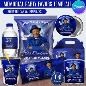 May include: A collection of memorial party favor templates featuring a blue theme with a portrait of a man in a hat, a white dove, and the text Forever in Our Hearts. Includes labels for water bottles, chip bags, treat boxes, and circular stickers.