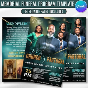 Puede incluir: Una plantilla de programa funerario conmemorativo con un logotipo de Canva. El diseño presenta un grupo de personas, con el texto "25º Aniversario de la Iglesia y Pastoral". El programa incluye páginas editables y detalles del evento.