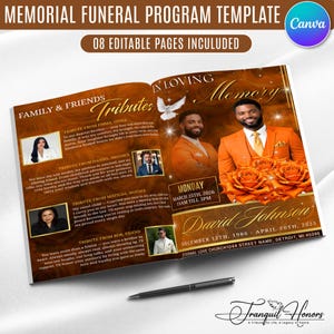 May include: A memorial funeral program template with a design featuring a man in an orange suit, roses, and the text "In Loving Memory." The program includes editable pages and tributes from family and friends. The event date is March 25th, 2026.
