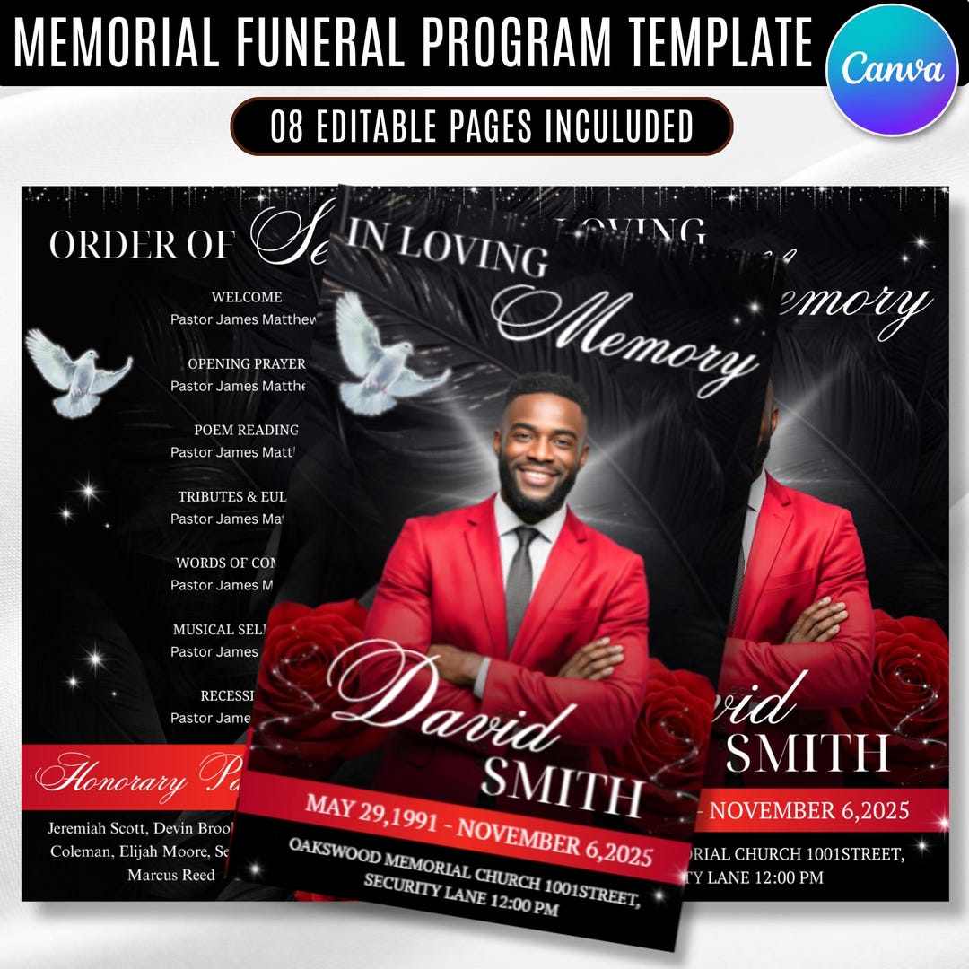 08 Pages Black & Red Funeral Program Template, Bi-fold Bifold 11x8.5 ...