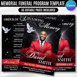 Puede incluir: Una plantilla de programa funerario conmemorativo con fondo negro y detalles en rojo. El diseño incluye el texto "In Loving Memory" y "David Smith" con fechas y detalles de ubicación. La plantilla incluye 8 páginas editables.