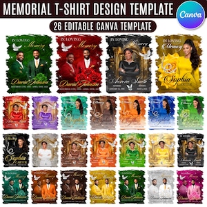 May include: A collection of 26 memorial t-shirt design templates featuring "In Loving Memory" text, customisable photo placeholders, and decorative elements like doves, roses, and pearls in various colour schemes, presented as a digital Canva set.