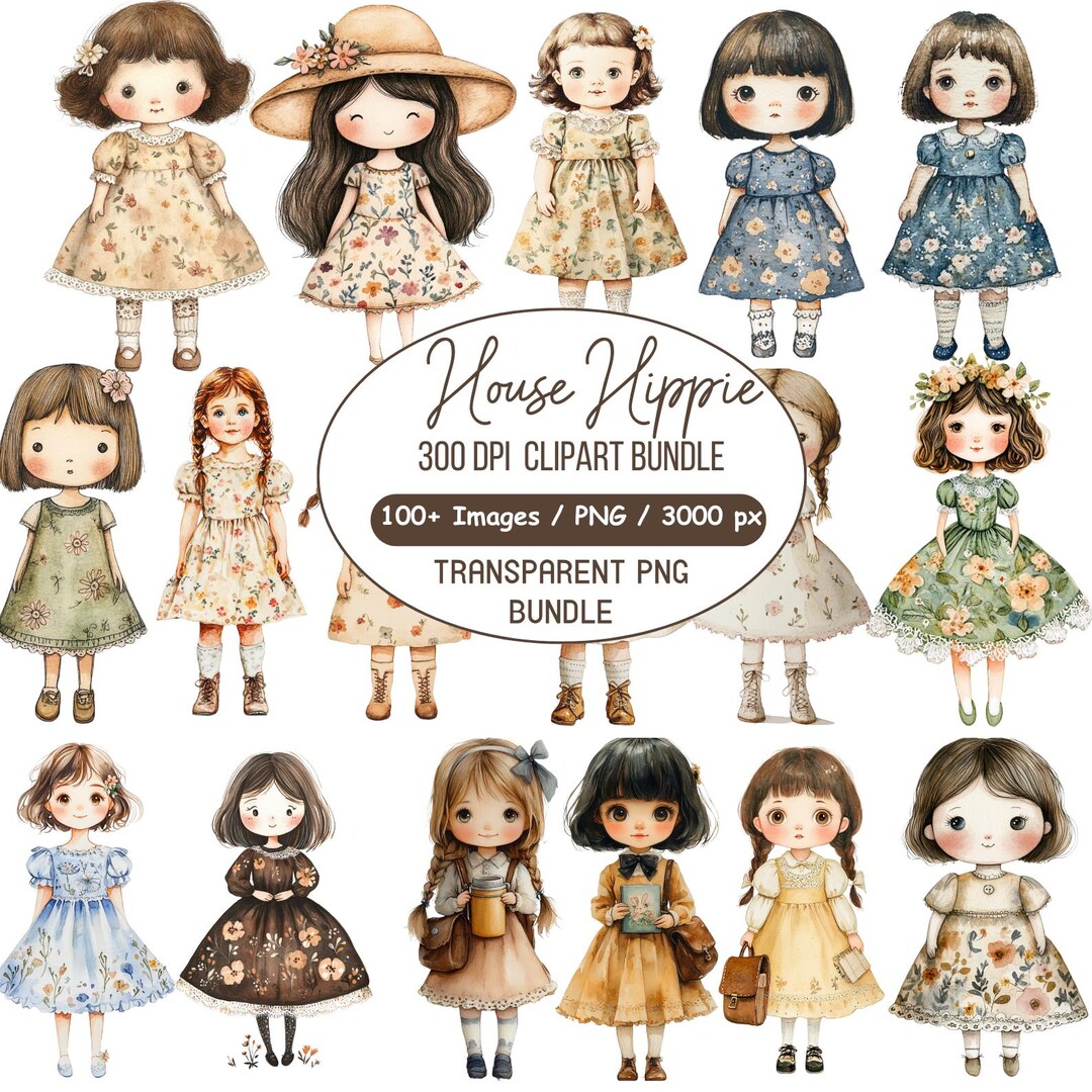 Whimsy Hippy 100+ Haus Hippie Whimsy Girls Clipart Bundle, Mädchen Illustrationen ...