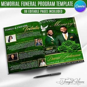 May include: A memorial funeral program template with a green and gold design. The program includes photos, text, and the name "David Johnson." The Canva logo is visible. The program includes the text "In Loving Memory" and "Family & Friends."