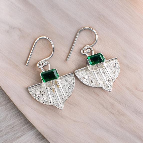 Emerald Dangle Earrings: Handmade 925 Sterling Silver Gemstone