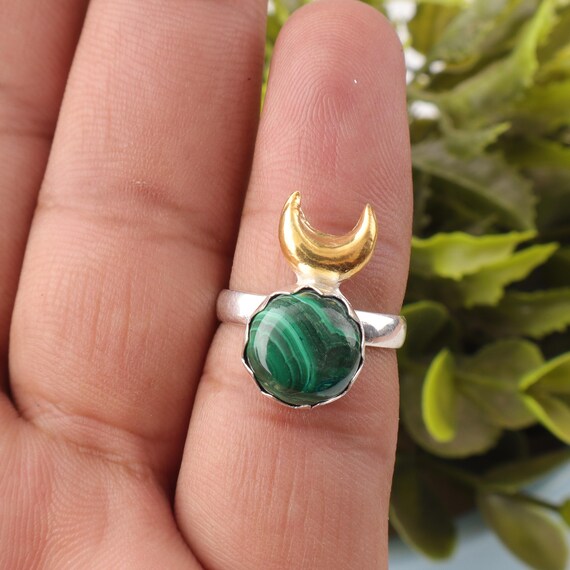 Handmade Malachite Cab Ring: 925 Sterling Silver Green Gemstone Jewelry