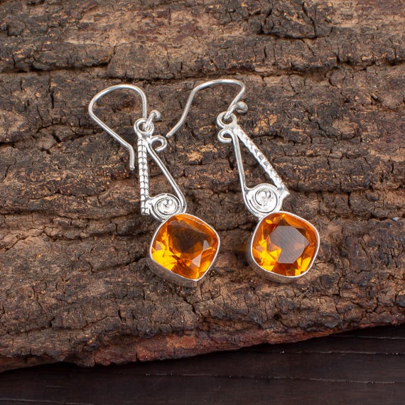 Citrine Dangle Earrings: Handmade 925 Sterling Silver Gemstone