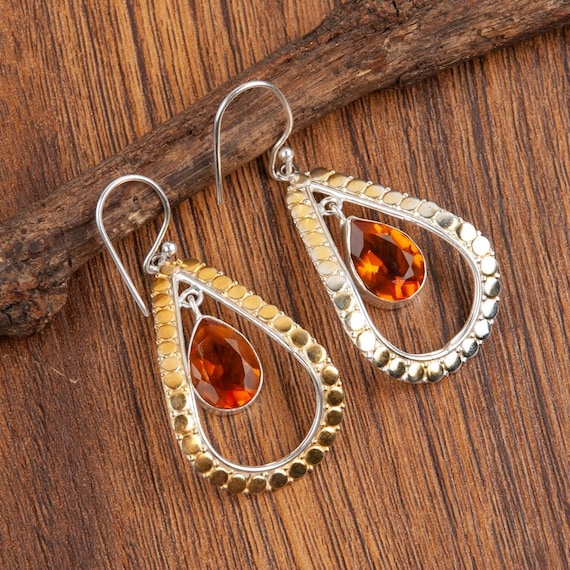 Citrine Dangle Earrings: Handmade 925 Sterling Silver Gemstone