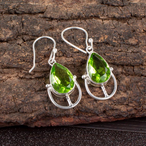 Peridot Dangle Earrings: Handmade 925 Sterling Silver Gemstone