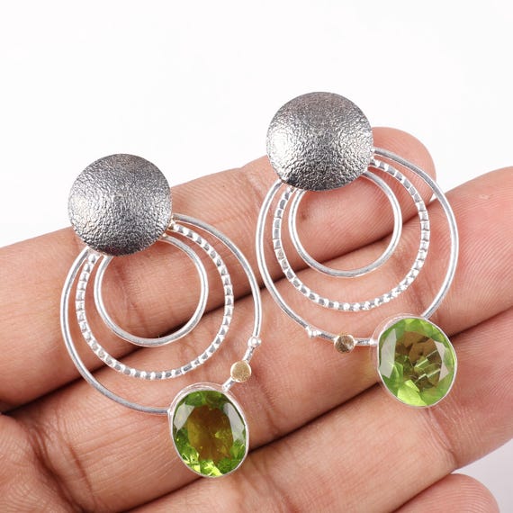 Peridot Dangle Earrings: Handmade 925 Sterling Silver Gemstone