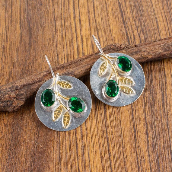 Emerald Dangle Earrings: Handmade 925 Sterling Silver Gemstone