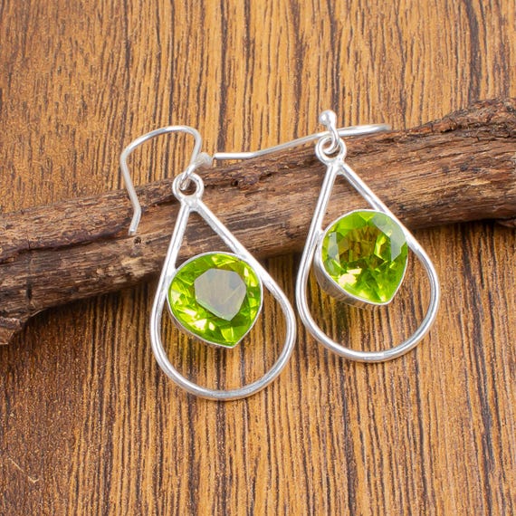 Peridot Dangle Earrings: Handmade 925 Sterling Silver Gemstone