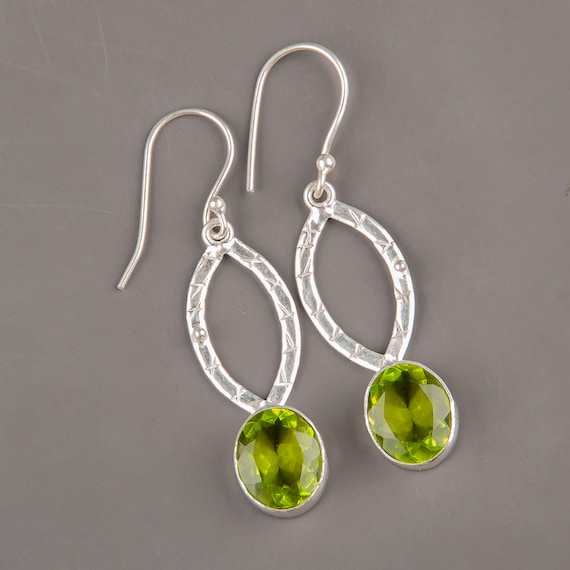 Peridot Dangle Earrings: Handmade 925 Sterling Silver Gemstone