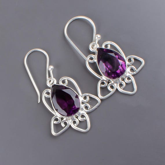 African Amethyst Dangle Earrings: Handmade 925 Sterling Silver Gemstone