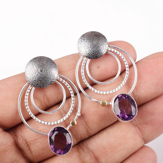 African Amethyst Dangle Earrings: Handmade 925 Sterling Silver Gemstone