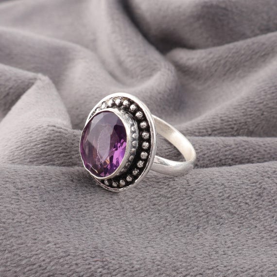 Handmade Amethyst Ring: 925 Sterling Silver Purple Gemstone Jewelry