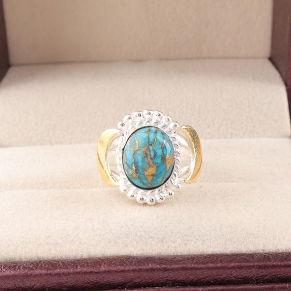 Handmade Copper Turquoise Ring: 925 Sterling Silver Blue Gemstone Jewelry
