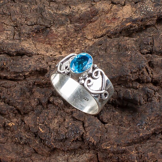 Handmade Swiss Blue Topaz Ring: 925 Sterling Silver Blue Gemstone Jewelry