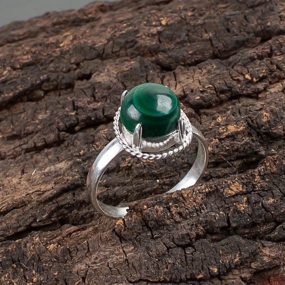 Handmade Malachite Cab Ring: 925 Sterling Silver Green Gemstone Jewelry