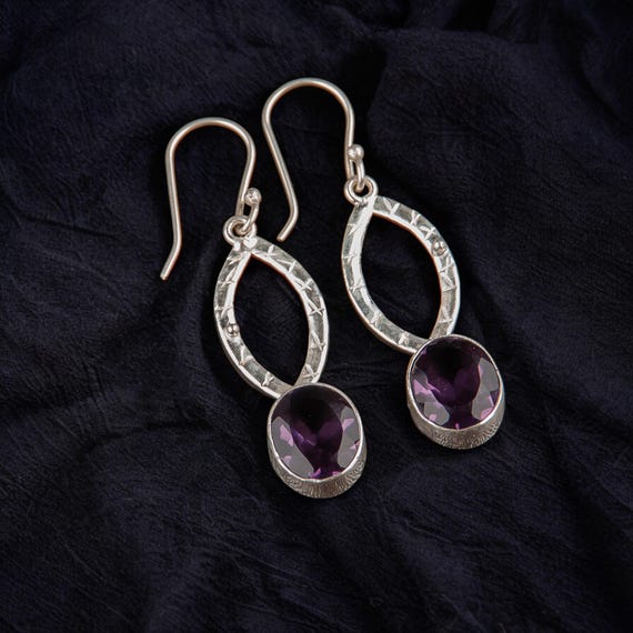 African Amethyst Dangle Earrings: Handmade 925 Sterling Silver Gemstone