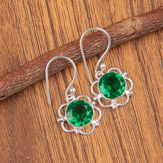 Emerald Dangle Earrings: Handmade 925 Sterling Silver Gemstone