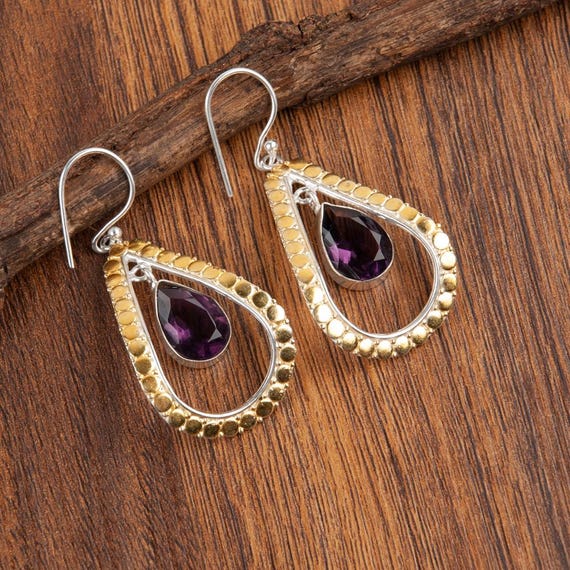 African Amethyst Dangle Earrings: Handmade 925 Sterling Silver Gemstone