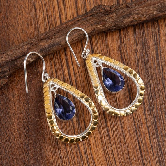 Iolite Dangle Earrings: Handmade 925 Sterling Silver Gemstone