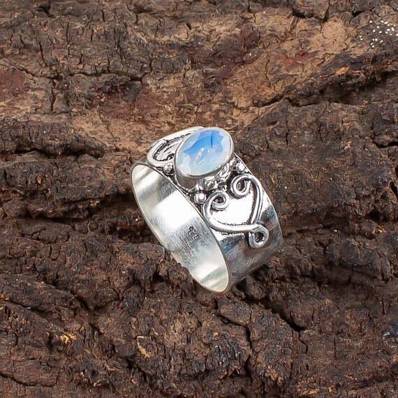 Handmade Milky Opal Ring: 925 Sterling Silver Black Gemstone Jewelry