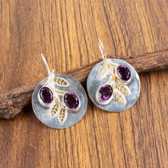 African Amethyst Dangle Earrings: Handmade 925 Sterling Silver Gemstone