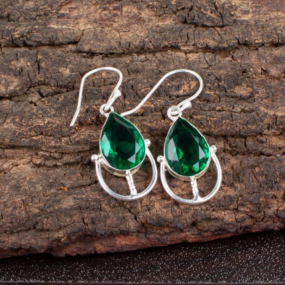 Emerald Dangle Earrings: Handmade 925 Sterling Silver Gemstone