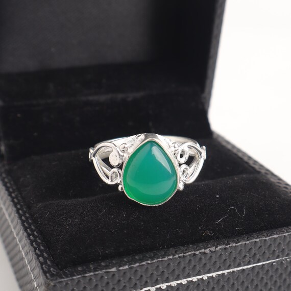 Handmade Green Onyx Cab Ring: 925 Sterling Silver Green Gemstone Jewelry