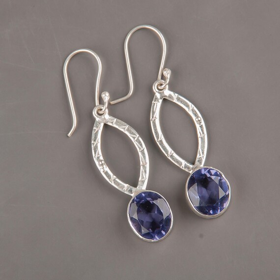 Iolite Dangle Earrings: Handmade 925 Sterling Silver Gemstone