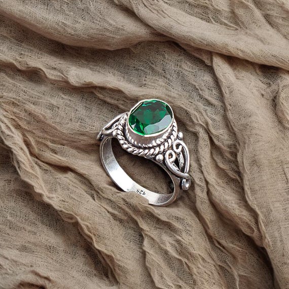 Handmade Green Emerald Ring: 925 Sterling Silver Green Gemstone Jewelry