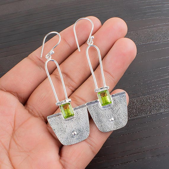 Peridot Dangle Earrings: Handmade 925 Sterling Silver Gemstone