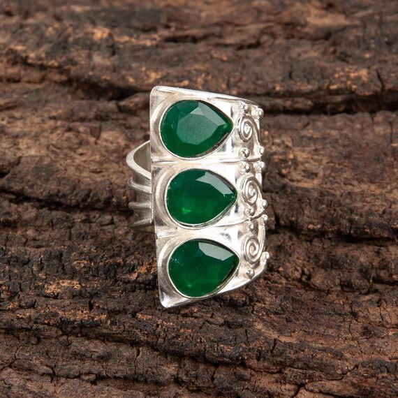 Handmade Green Onyx Ring: 925 Sterling Silver Green Gemstone Jewelry