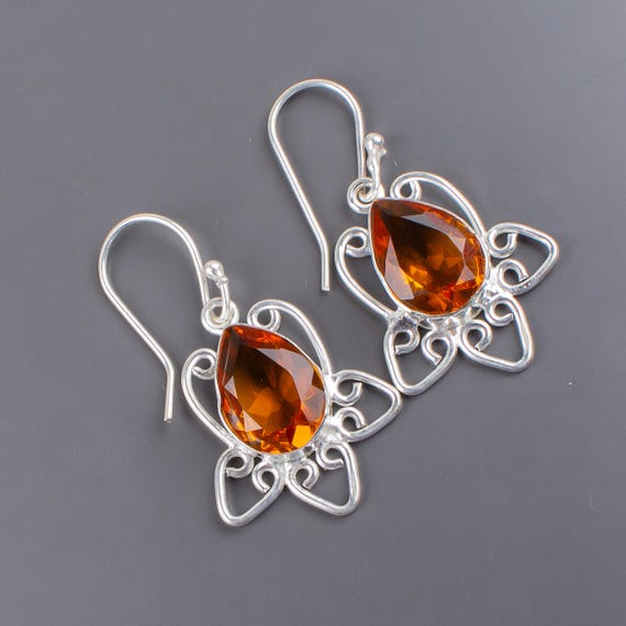 Citrine Dangle Earrings: Handmade 925 Sterling Silver Gemstone